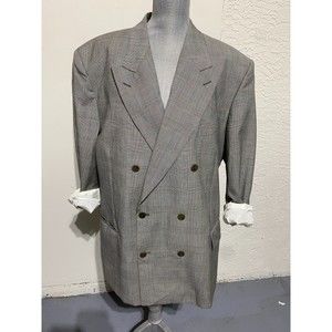 Gray Double-Breasted Checked Blazer - Merino Extrafine Wool Size 44R/XL Regular